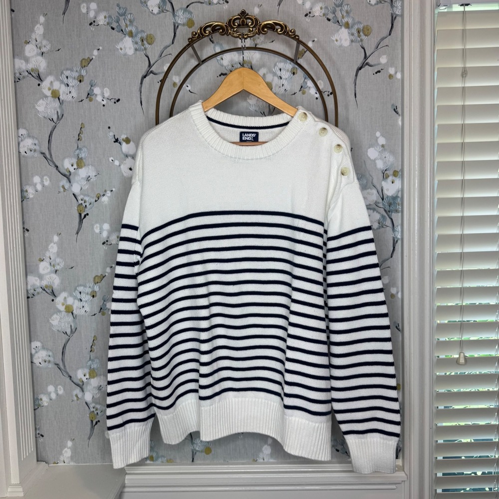 Lands End Drifter Sweater Womens Large White Navy Blue Striped Button Shoulder